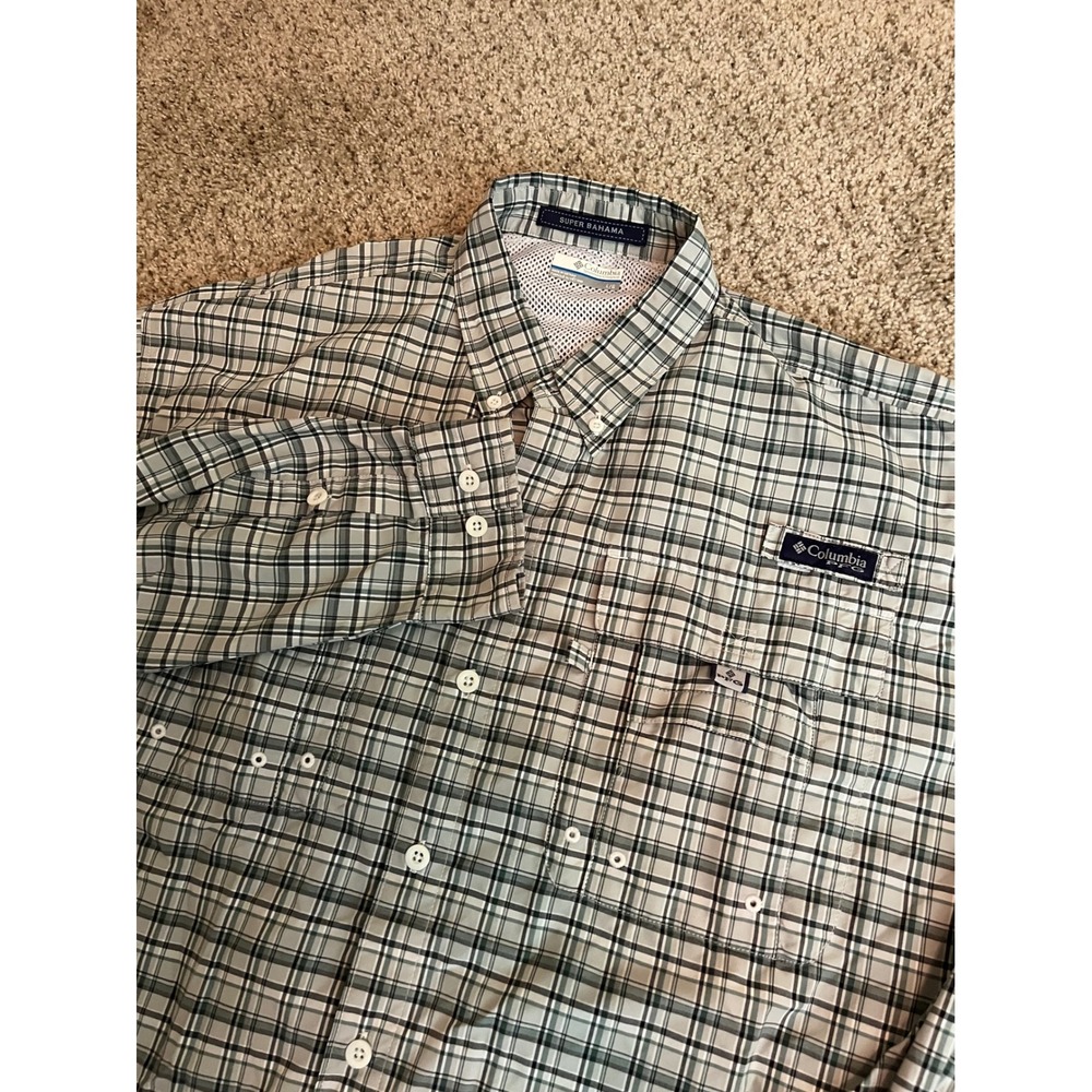 Columbia Mens PFG Super Bahama Shirt L Green Plaid Long Sleeve Fishing Vent